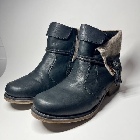 Rieker Fee 93 Woman’s Black Ankle Bootie Foldover Side Tie Zipper Size 41 - Picture 2 of 13